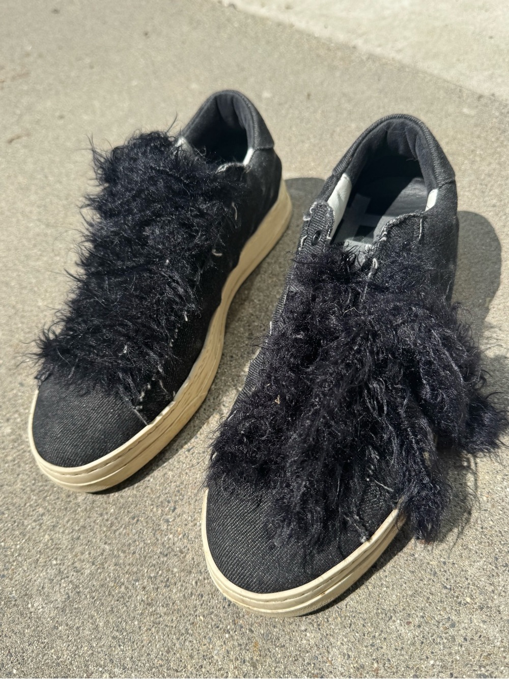 P448 Women's Black Faux-Fur Slip-On Sneakers with Cream Sole